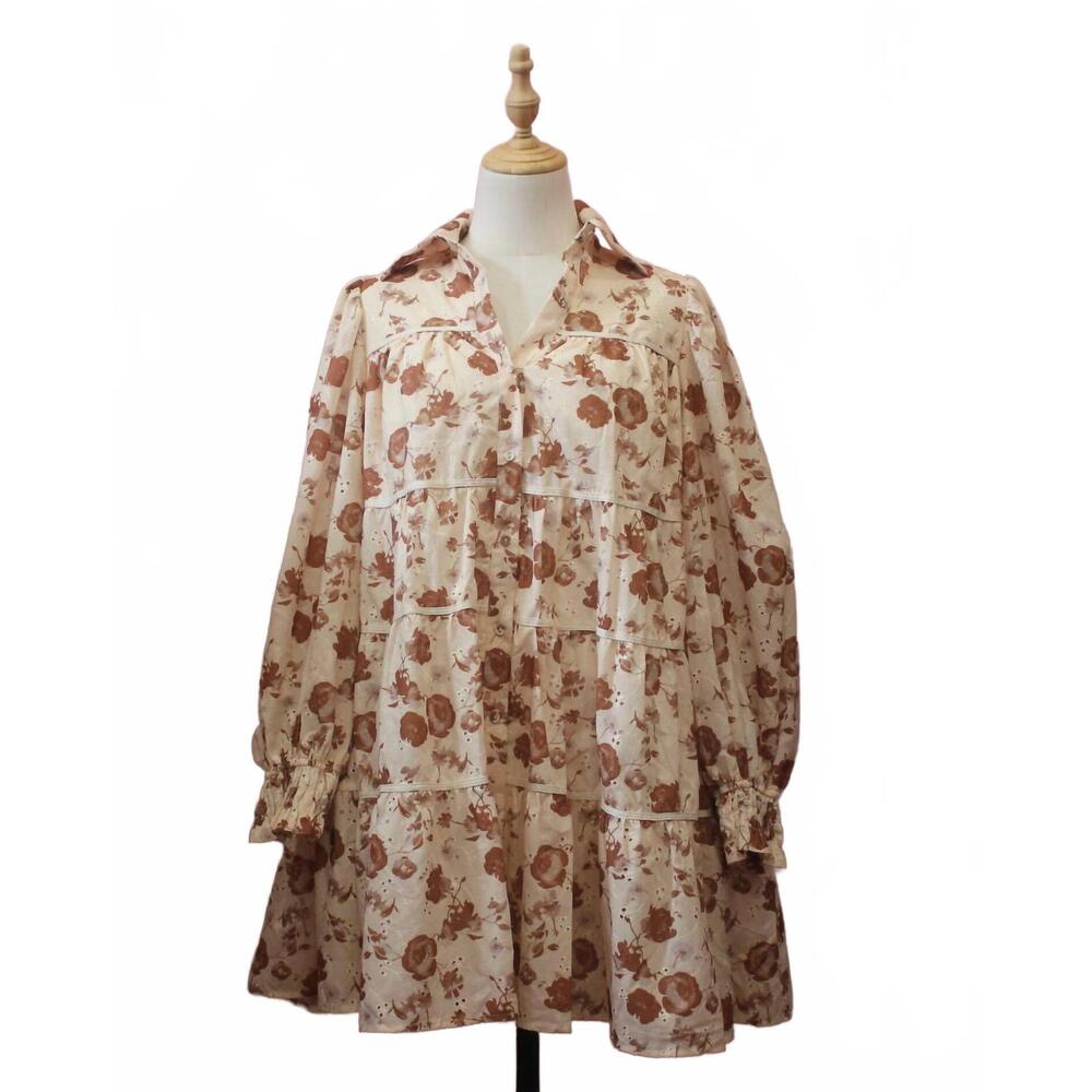 NEW AUREUM embroidered tiered mini dress in camel - Picture 1 of 2
